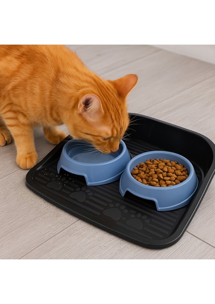 Kaymaz Tabanlı Kedi Köpek Mama Su Kabı Seti – 2’li Mavi Kaplı, Siperlikli Hijyenik Mama Altlığı fiyatları