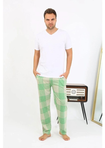 Erkek Ekoseli Desen Penye Tek Alt Pijama Yeşil