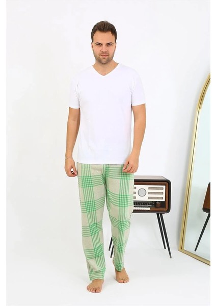 Erkek Ekoseli Desen Penye Tek Alt Pijama Yeşil modelleri