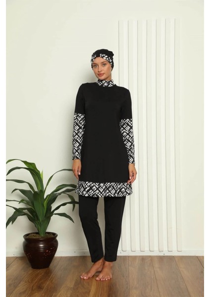 Tam Tesettür Dijital Desenli Mayo Siyah