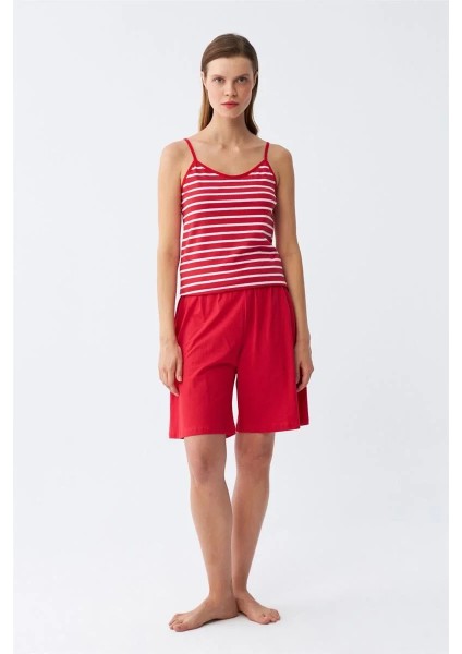 Kadın Ip Askılı Pamuk Penye Şortlu Takım Kırmızı modelleri