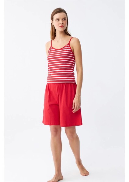 Kadın Ip Askılı Pamuk Penye Şortlu Takım Kırmızı fırsatları