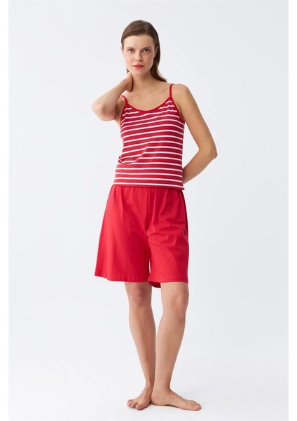 Kadın Ip Askılı Pamuk Penye Şortlu Takım Kırmızı indirimleri