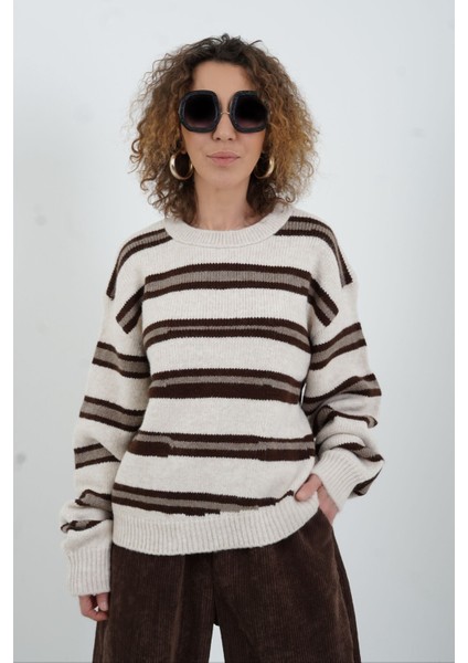 Bej Kahve Çizgili Kazak