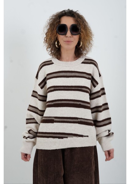 Bej Kahve Çizgili Kazak modelleri