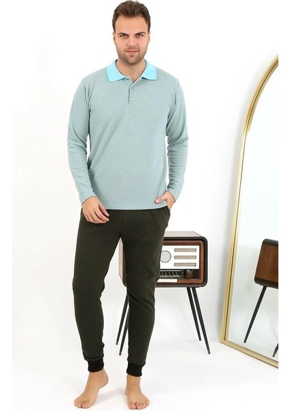 Erkek Polo Yaka Uzun Kol Penye Pijama Takımı Su Yeşili