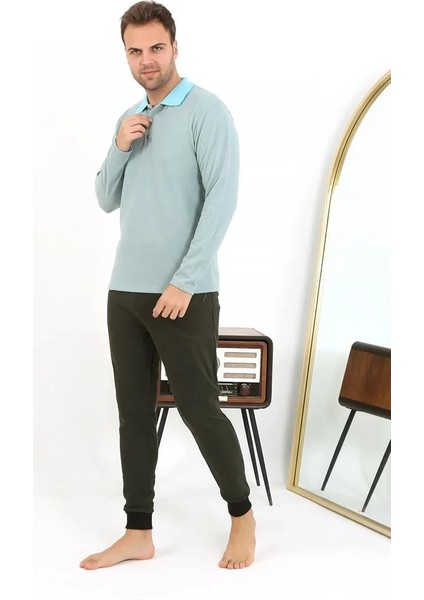 Erkek Polo Yaka Uzun Kol Penye Pijama Takımı Su Yeşili modelleri