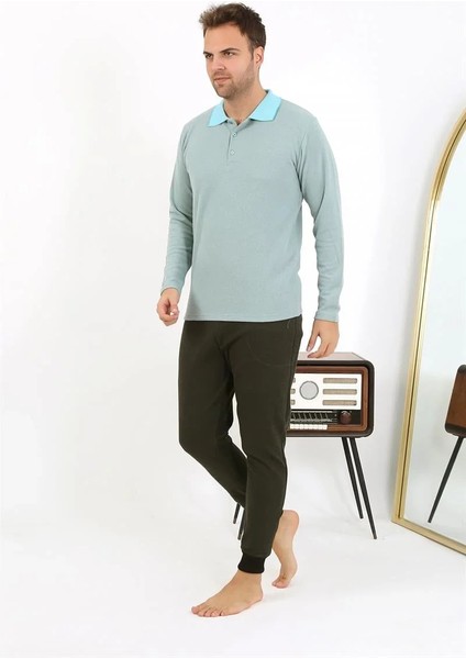 Erkek Polo Yaka Uzun Kol Penye Pijama Takımı Su Yeşili fırsatları