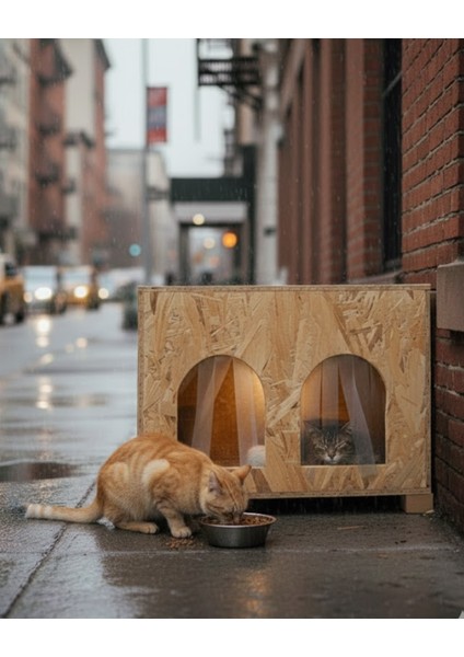 Kedi Evi Dış Ortam Uygun Ahşap Kedi Evi Double Osb 61X41X36 cm Bölmeli - CAT50