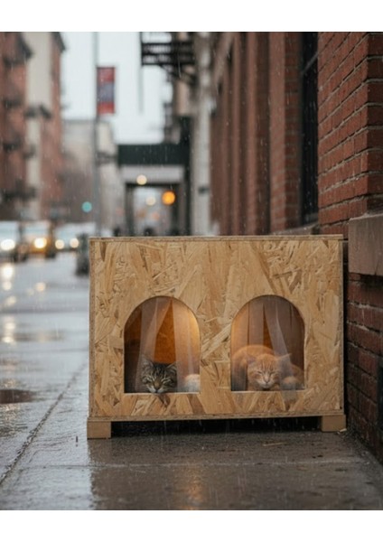 Kedi Evi Dış Ortam Uygun Ahşap Kedi Evi Double Osb 61X41X36 cm Bölmeli - CAT50 fiyatları