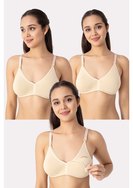 3'lü Ten Kadın Pamuklu Likralı Esnek Rahat Balensiz Kapsız Hamile Emzirme Sütyeni