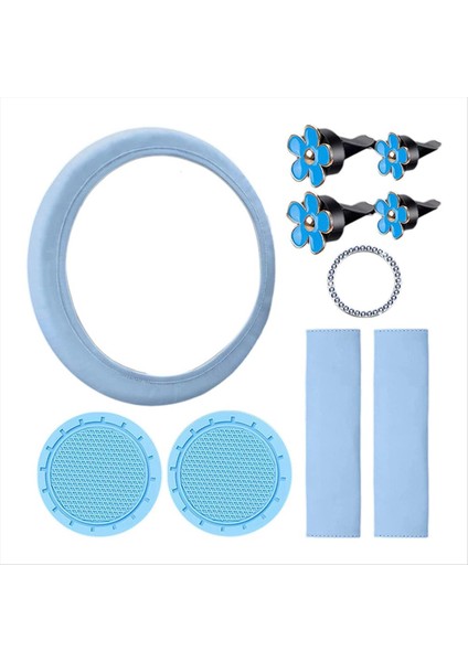 10 Adet Direksiyon Kapağı Kadınlar Için Sevimli Araç Aksesuarları Emniyet Kemeri Omuz Pedleri ile Set Mavi (Yurt Dışından)