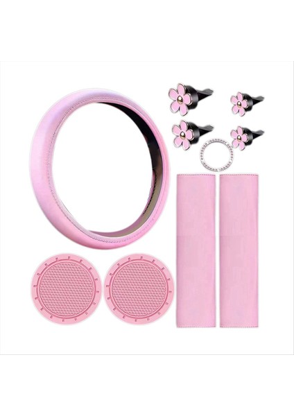 10 Adet Direksiyon Kapağı Kadınlar Için Sevimli Araba Aksesuarları Emniyet Kemeri Omuz Pedleri Kupa Tutucuları Pembe (Yurt Dışından)