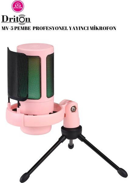 Youtuber Mikrofon Mv-5 Pembe Rgb USB Oyuncu Yayıncı ve Podcast Için Uyumlu Condenser Mikrofon