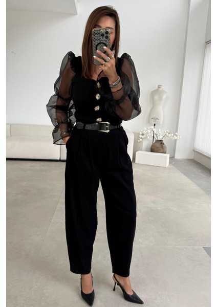 Siyah Fitilli Pantolon modelleri