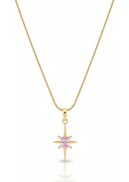 Çelik Pembe Taşlı Yıldız Kolye Zirkon Detaylı Yılan Zincir Takı