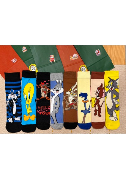 Al Bi 90Lık 8'li Çizgi Film Kahramnlar Desenli Renkli ve Pamuklu Çorap