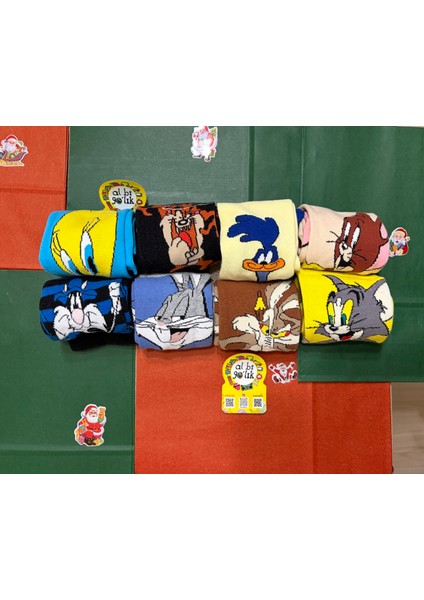 Al Bi 90Lık 8'li Çizgi Film Kahramnlar Desenli Renkli ve Pamuklu Çorap fiyatları