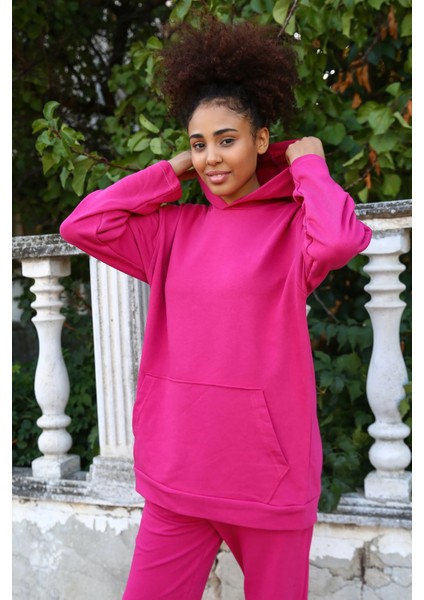 Kadın Pamuk Kapşonlu Cepli 3 Iplik Fuşya Eşofman Takım modelleri