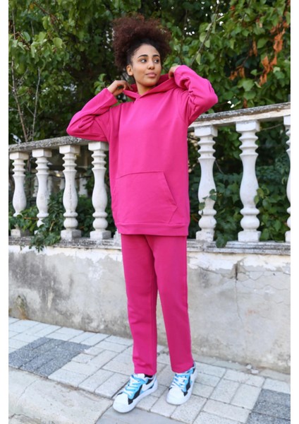 Kadın Pamuk Kapşonlu Cepli 3 Iplik Fuşya Eşofman Takım indirimleri