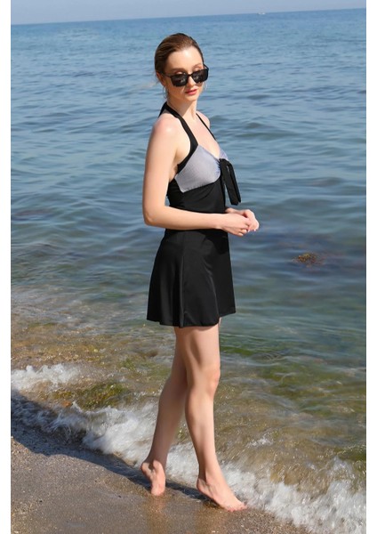 Kadın Likralı Şortlu Fiyonklu Elbise Mayo Siyah modelleri