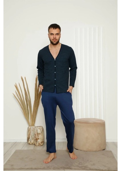 Erkek %100 Pamuk Önden Düğmeli Cepli Uzun Kollu Pijama Takımı Lacivert fiyatları