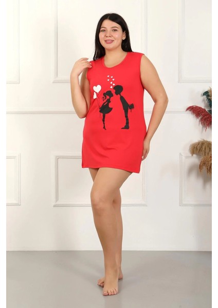 Kadın Büyük Beden Kalın Askılı Penye Diz Üstü Kırmızı Gecelik