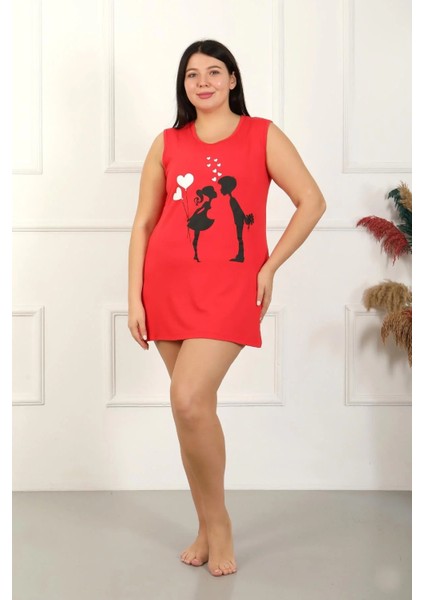 Kadın Büyük Beden Kalın Askılı Penye Diz Üstü Kırmızı Gecelik fiyatları