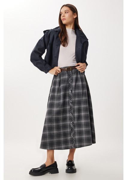 Kemerli Kareli Midi Poliviskon Etek LRG0047 Lacivert