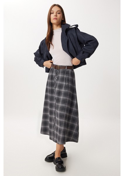 Kemerli Kareli Midi Poliviskon Etek LRG0047 Lacivert fiyatları