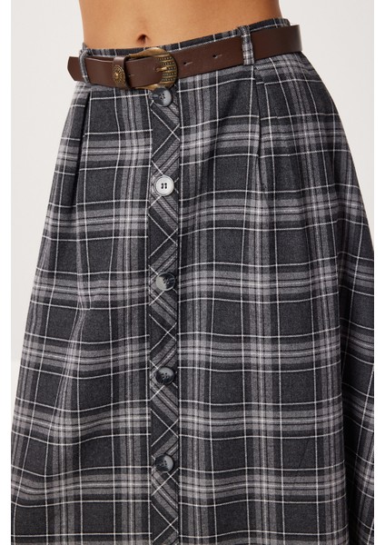 Kemerli Kareli Midi Poliviskon Etek LRG0047 Lacivert fırsatları