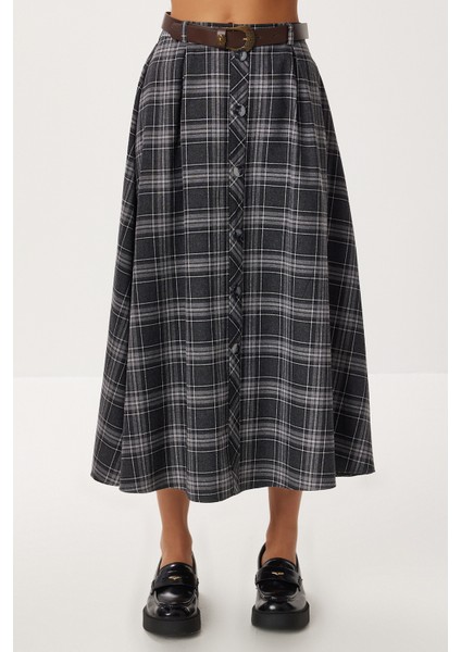 Kemerli Kareli Midi Poliviskon Etek LRG0047 Lacivert indirimleri