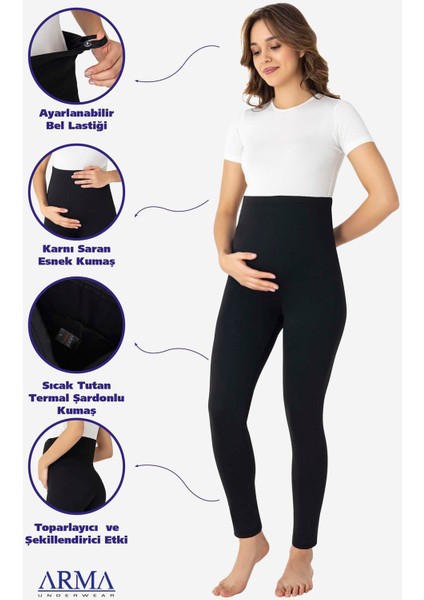 Termal Şardonlu Sıcak Tutan Esnek Beli Ayarlanabilir Kışlık Hamile Tayt Siyah
