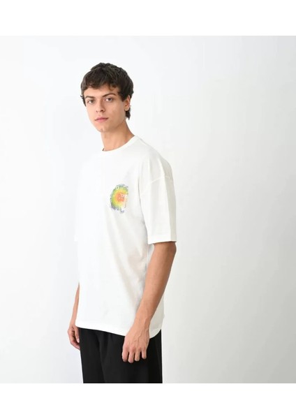 Unisex Bisiklet Yaka Baskılı Oversize T-Shirt - Beyaz