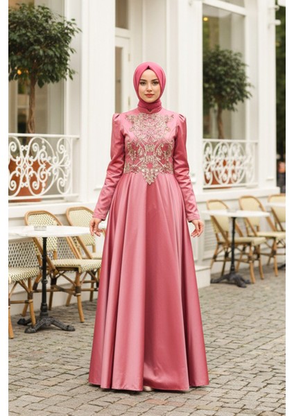 Payet Detaylı Tafta Kiremit Tesettür Abiye Elbise 2308KRMT fiyatları