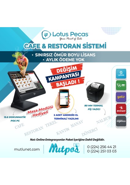 Lotus Pecas Cafe & Restoran Adisyon ve Sipariş Yönetim Sistemi Seti - Lotus Pecas Onset Yazılım Dahil Süresiz Lisans