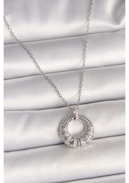 Bfs 316L Çelik Gümüş Renk Zincir Zirkon Taş Işlemeli Daire Model Kadın Kolye