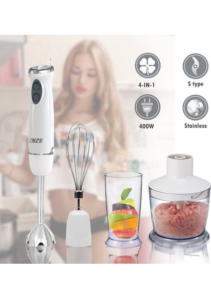 Daldırma El Blenderı, Güçlü 400 Watt 4'ü 1 Arada Paslanmaz El Blender Çubuğu, Mutfak Robotu, Smoothies Yoğurt Sosları Çorbalar Için Çırpma ve Kabı (Beyaz) (Yurt Dışından)