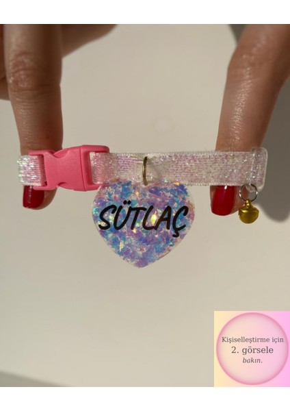 "kalp" Şeklinde Beyaz Tasma - Zilli - Light Blue Glitter - Isimli Kedi Tasması