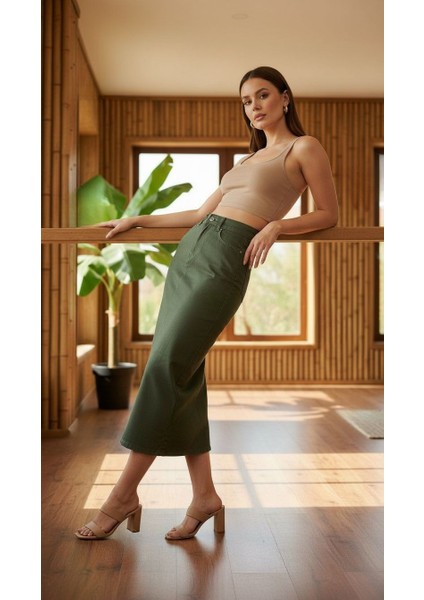 Kadın Pamuklu Haki Denim Etek