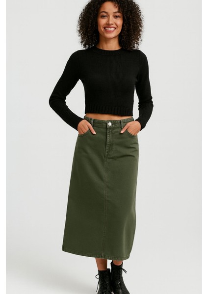 Kadın Pamuklu Haki Denim Etek fırsatları