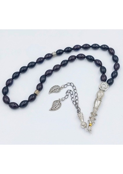 Alpaka Püskül Lacivert Siyah Arpa Kesim Ateş Kehribar Tespih (Ahşap Kutulu)