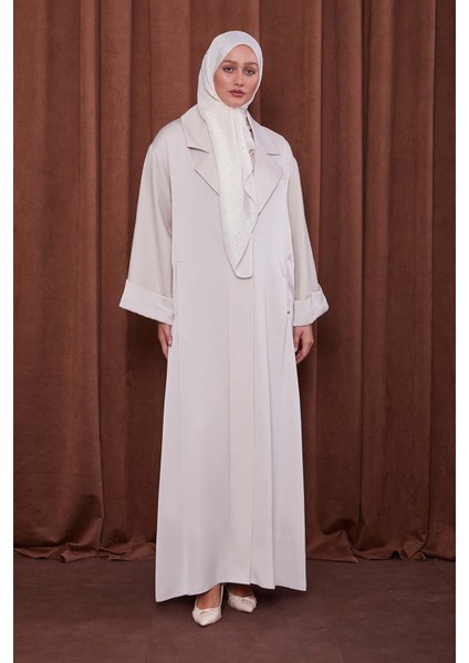 Bej Taş Broş Detaylı Saten Ferace