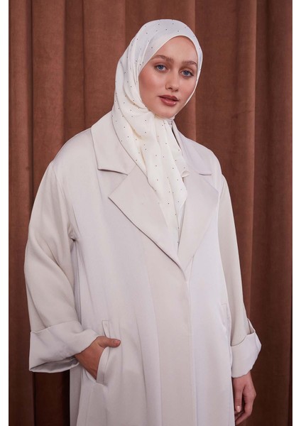 Bej Taş Broş Detaylı Saten Ferace