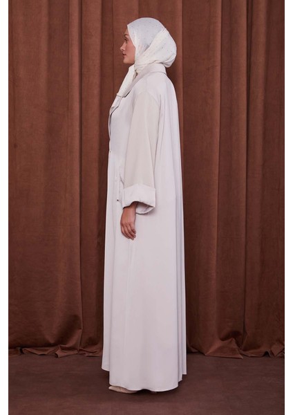 Bej Taş Broş Detaylı Saten Ferace