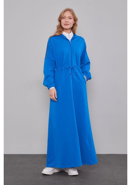 Saks Kapüşonlu Sim Şeritli Beli Büzgüllü Ferace