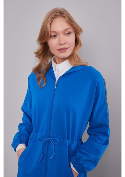 Saks Kapüşonlu Sim Şeritli Beli Büzgüllü Ferace