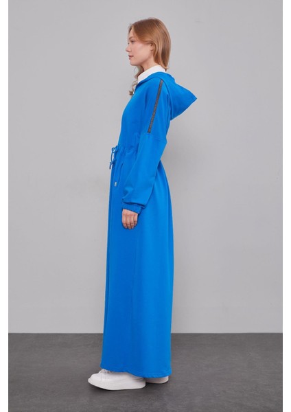 Saks Kapüşonlu Sim Şeritli Beli Büzgüllü Ferace