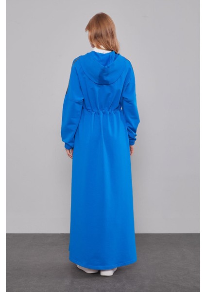 Saks Kapüşonlu Sim Şeritli Beli Büzgüllü Ferace