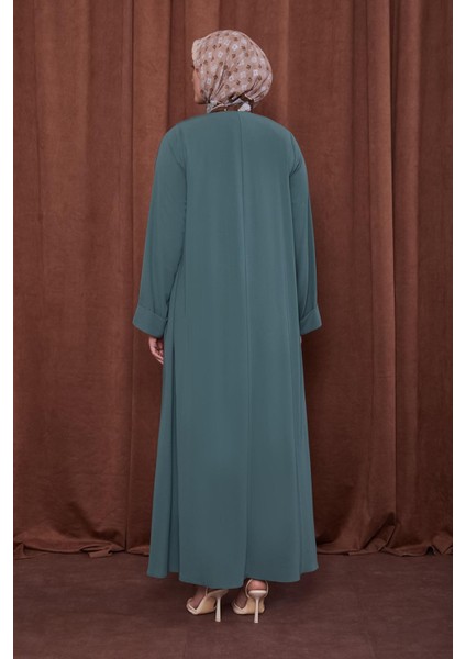 Yeşil Yanları Pileli Düğme Detaylı Ferace